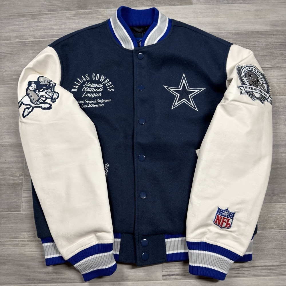 NFL Dallas Cowboys Letterman Bomber Varsity Jacket Wool Leather Blue Men's Small